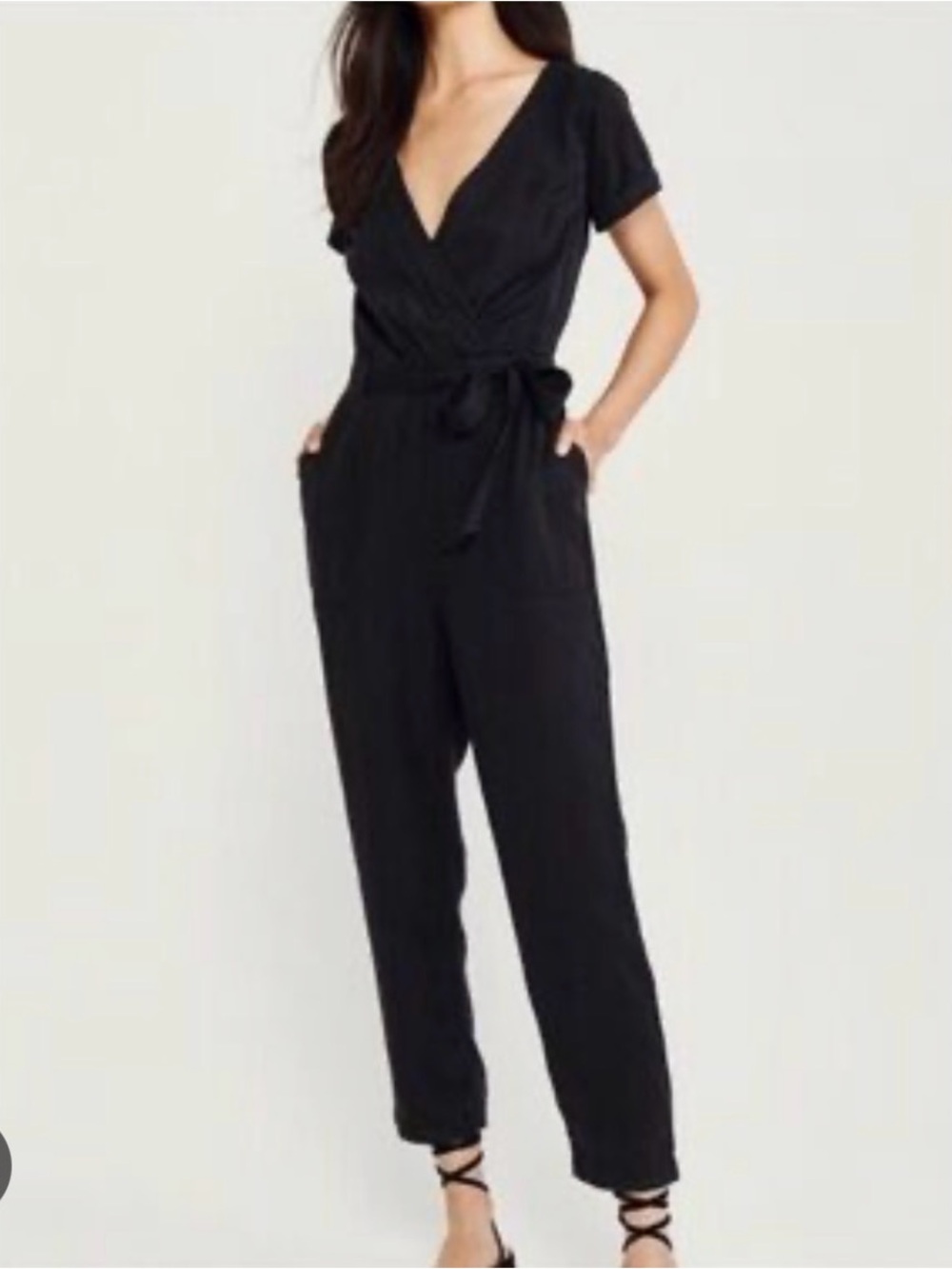 Abercrombie & Fitch Black Short-Sleeve Wrap Jumpsuit with Tie Waist